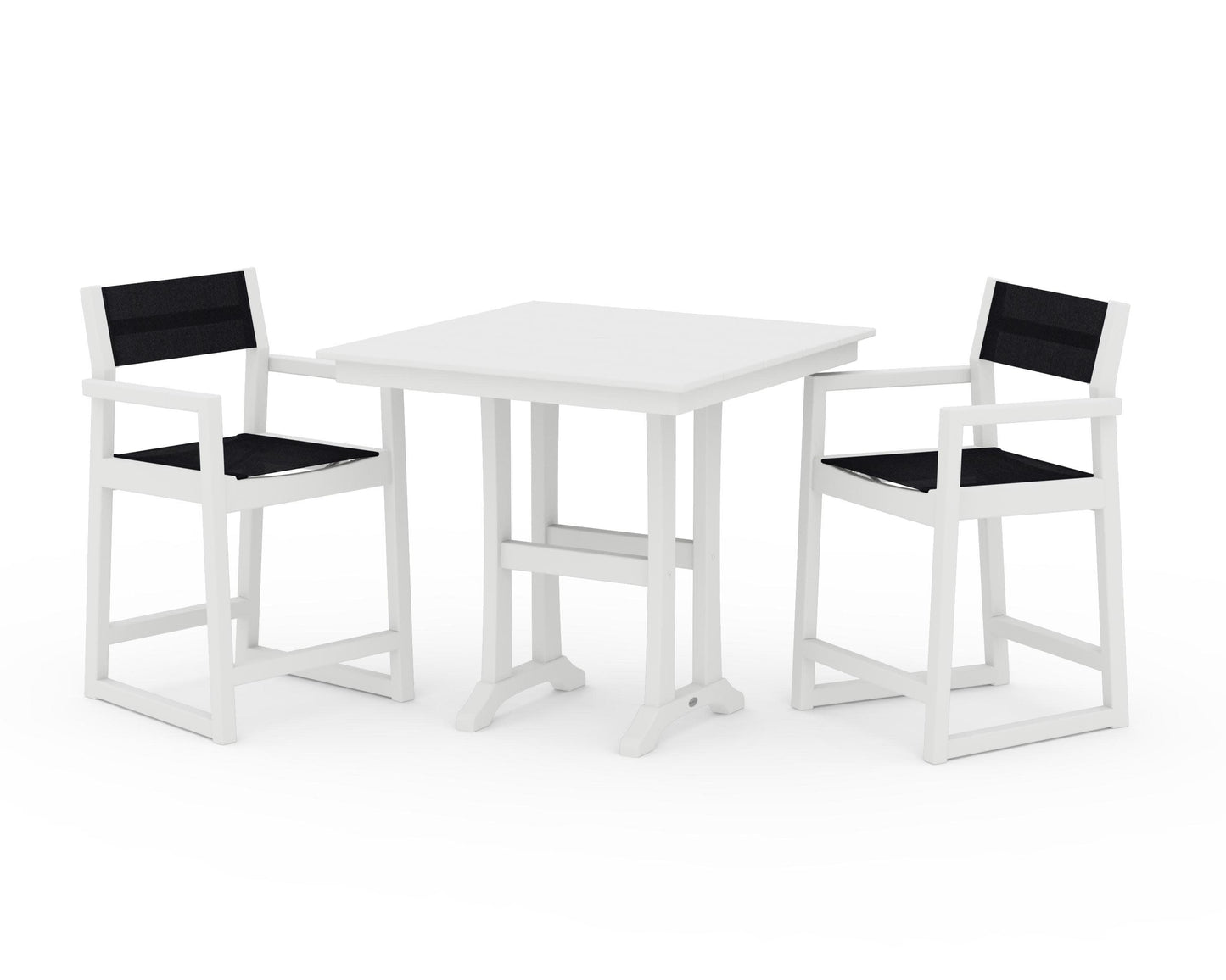POLYWOOD EDGE Sling Arm Chair 3-Piece Farmhouse Counter Set with Trestle Legs — White / Black Sling
