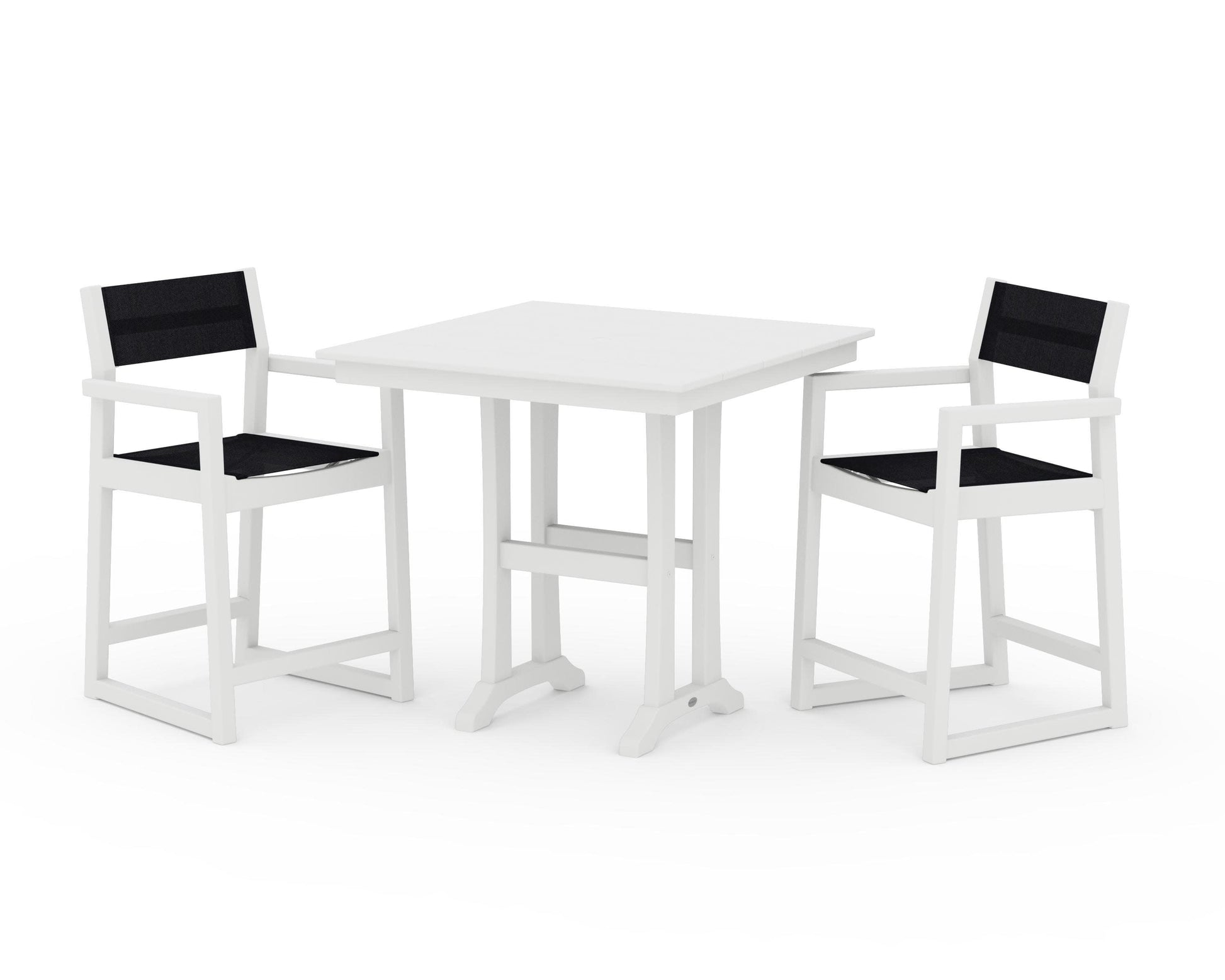 POLYWOOD EDGE Sling Arm Chair 3-Piece Farmhouse Counter Set with Trestle Legs — White / Black Sling