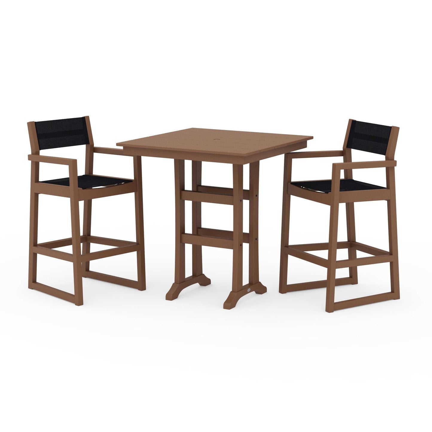 POLYWOOD EDGE Sling Arm Chair 3-Piece Farmhouse Bar Set with Trestle Legs — Teak / Black Sling
