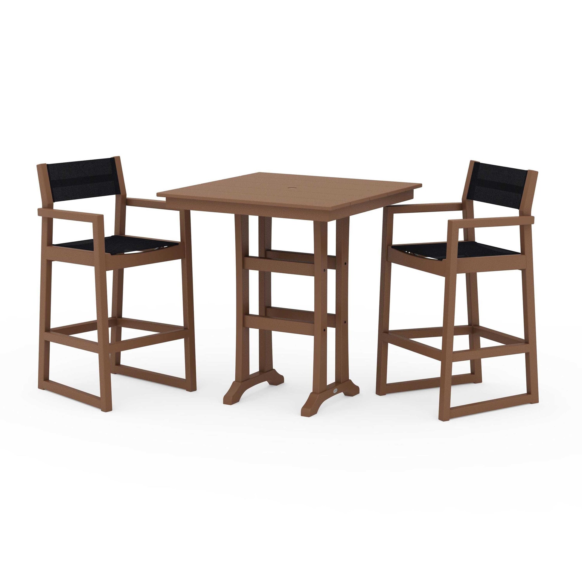 POLYWOOD EDGE Sling Arm Chair 3-Piece Farmhouse Bar Set with Trestle Legs — Teak / Black Sling