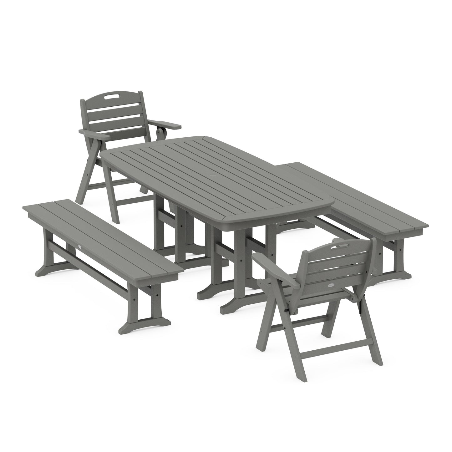 POLYWOOD Nautical Lowback 5-Piece Dining Set with Benches — Slate Grey