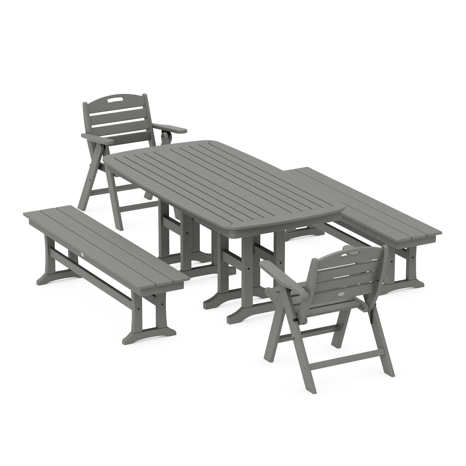 POLYWOOD Nautical Lowback 5-Piece Dining Set with Benches — Slate Grey