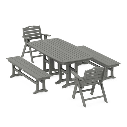 POLYWOOD Nautical Lowback 5-Piece Dining Set with Benches — Slate Grey