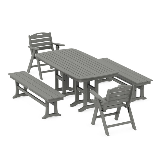 POLYWOOD Nautical Lowback 5-Piece Dining Set with Benches — Slate Grey