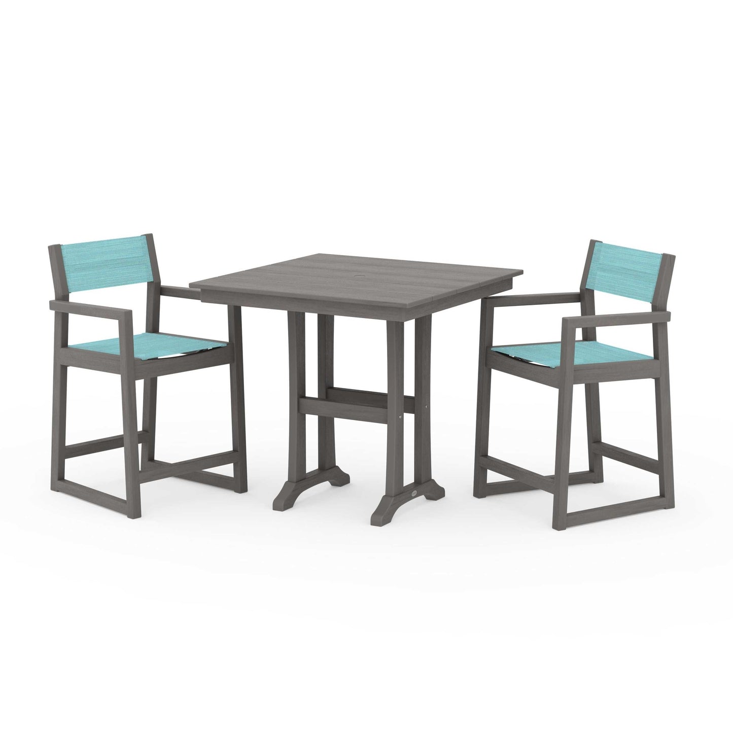 POLYWOOD EDGE Sling Arm Chair 3-Piece Farmhouse Counter Set with Trestle Legs — Driftwood / Dupioni Aquamarine Sling