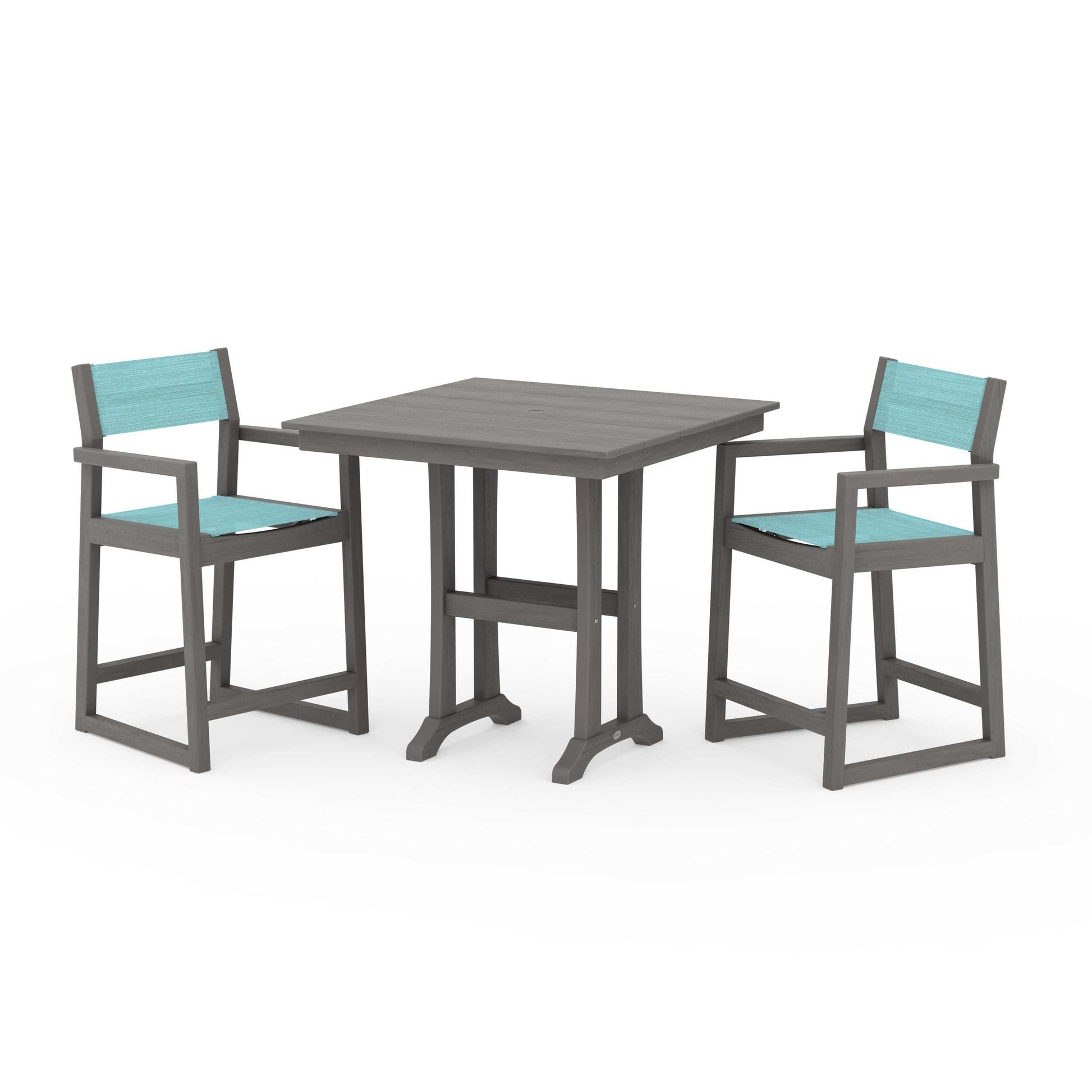 POLYWOOD EDGE Sling Arm Chair 3-Piece Farmhouse Counter Set with Trestle Legs — Driftwood / Dupioni Aquamarine Sling