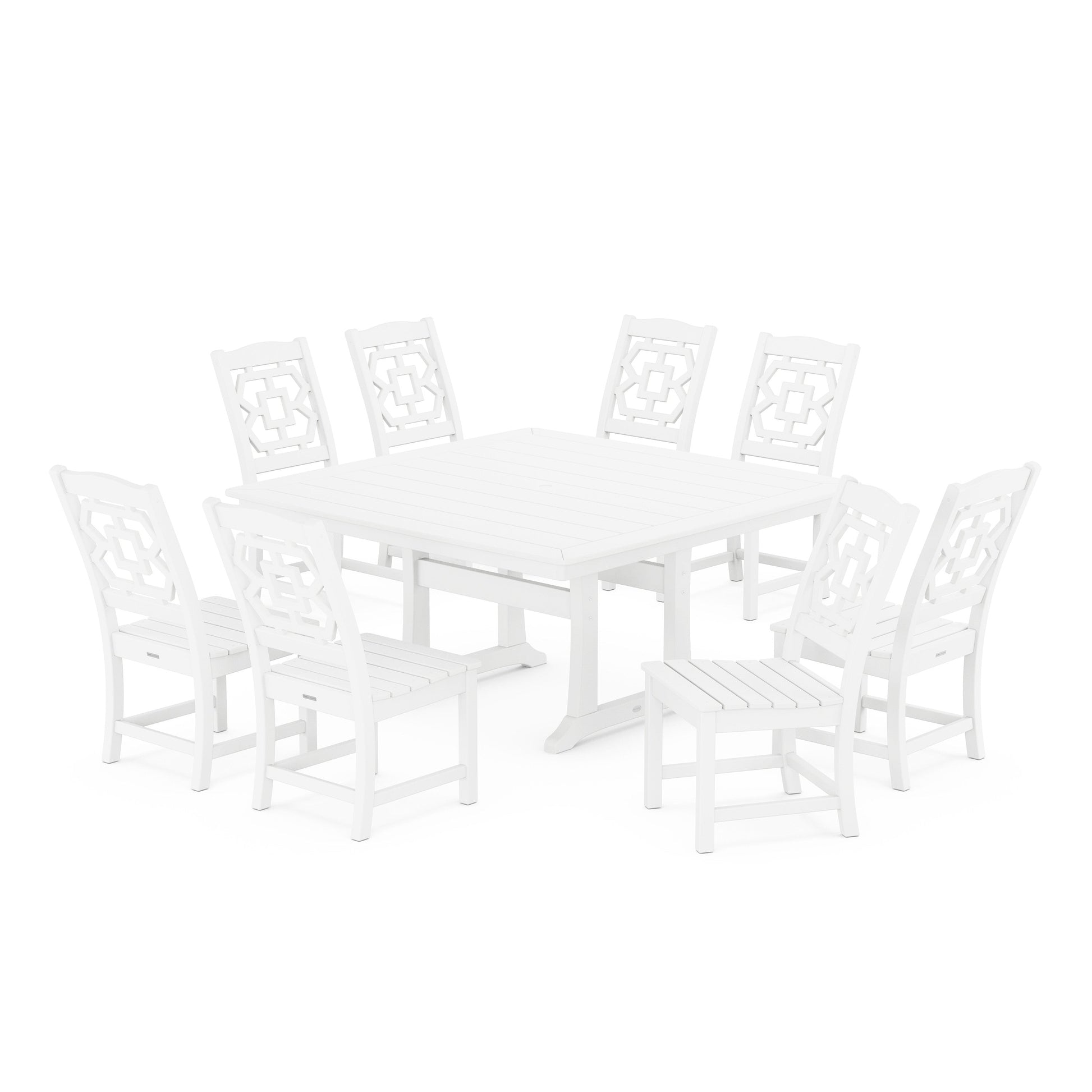 POLYWOOD Chinoiserie 9-Piece Square Side Chair Dining Set with Trestle Legs — White