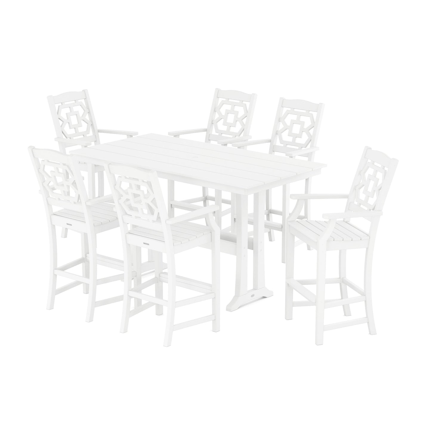 POLYWOOD Chinoiserie Arm Chair 7-Piece Farmhouse Bar Set with Trestle Legs — White