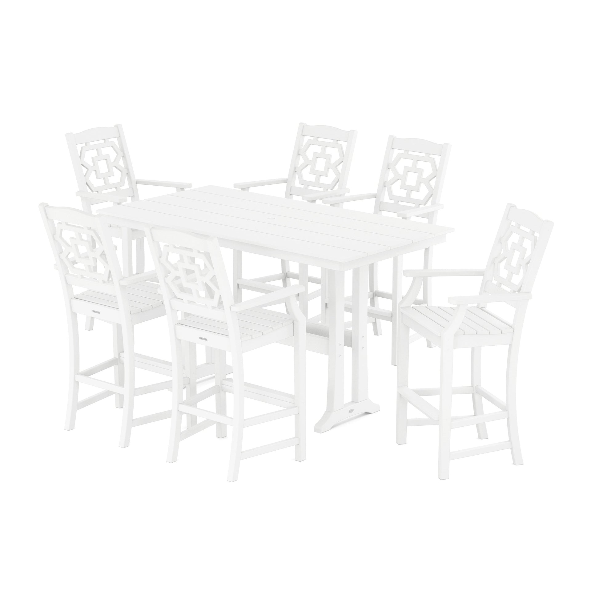 POLYWOOD Chinoiserie Arm Chair 7-Piece Farmhouse Bar Set with Trestle Legs — White