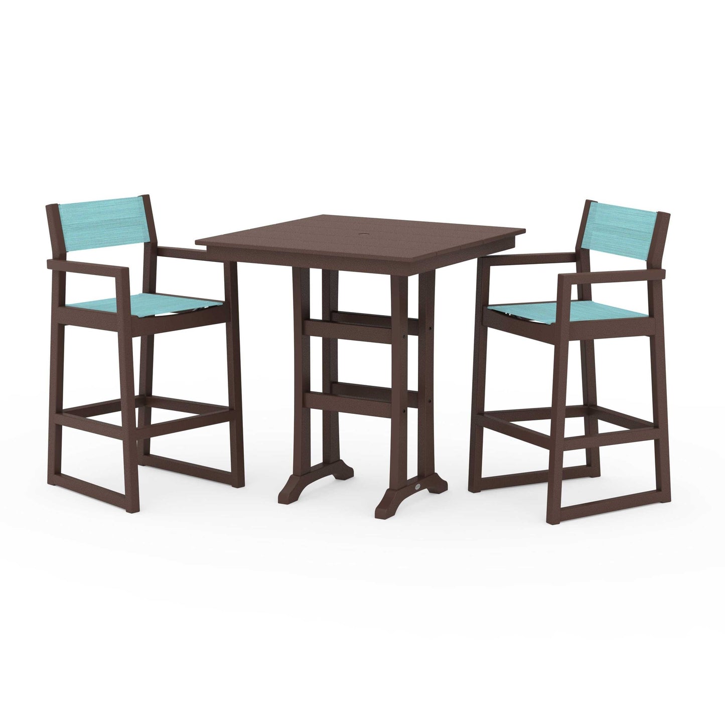 POLYWOOD EDGE Sling Arm Chair 3-Piece Farmhouse Bar Set with Trestle Legs — Mahogany / Dupioni Aquamarine Sling