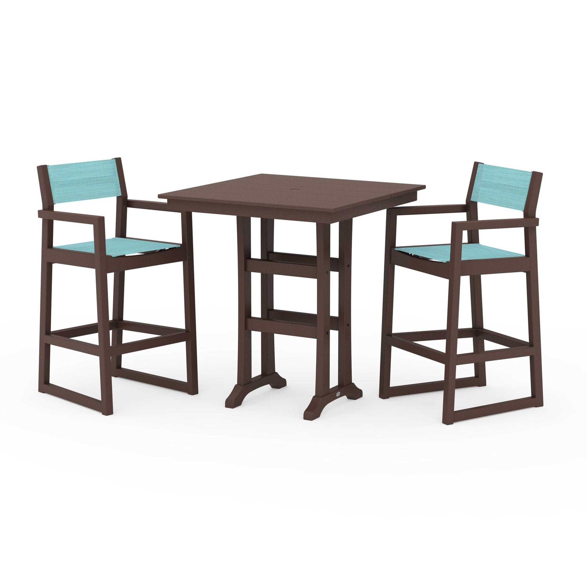 POLYWOOD EDGE Sling Arm Chair 3-Piece Farmhouse Bar Set with Trestle Legs — Mahogany / Dupioni Aquamarine Sling