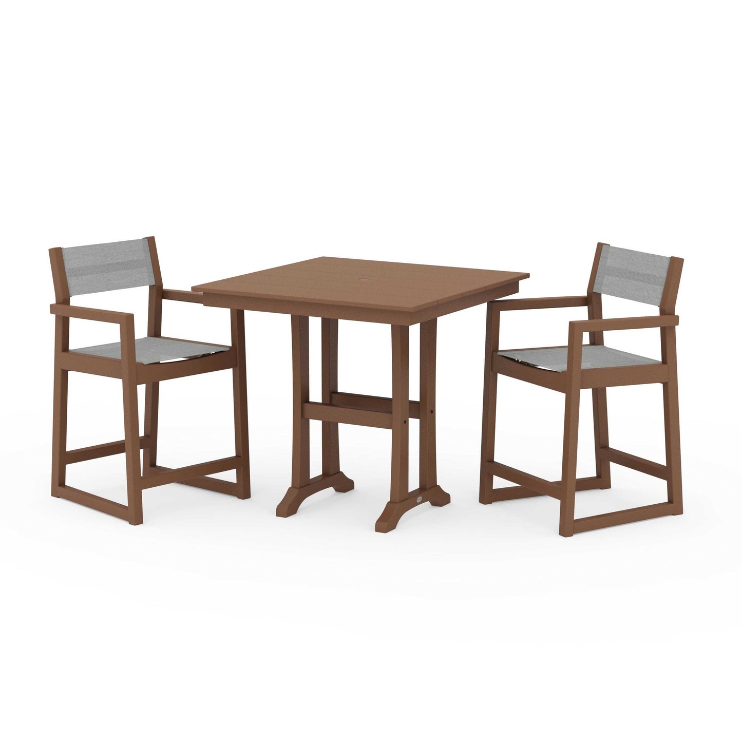 POLYWOOD EDGE Sling Arm Chair 3-Piece Farmhouse Counter Set with Trestle Legs — Teak / Metallic Sling