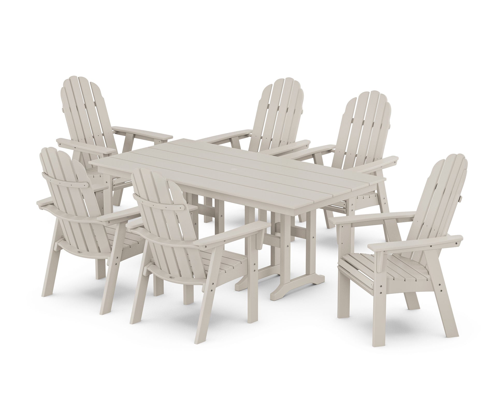 POLYWOOD Vineyard Curveback Adirondack Chair 7-Piece Farmhouse Dining Set — Sand