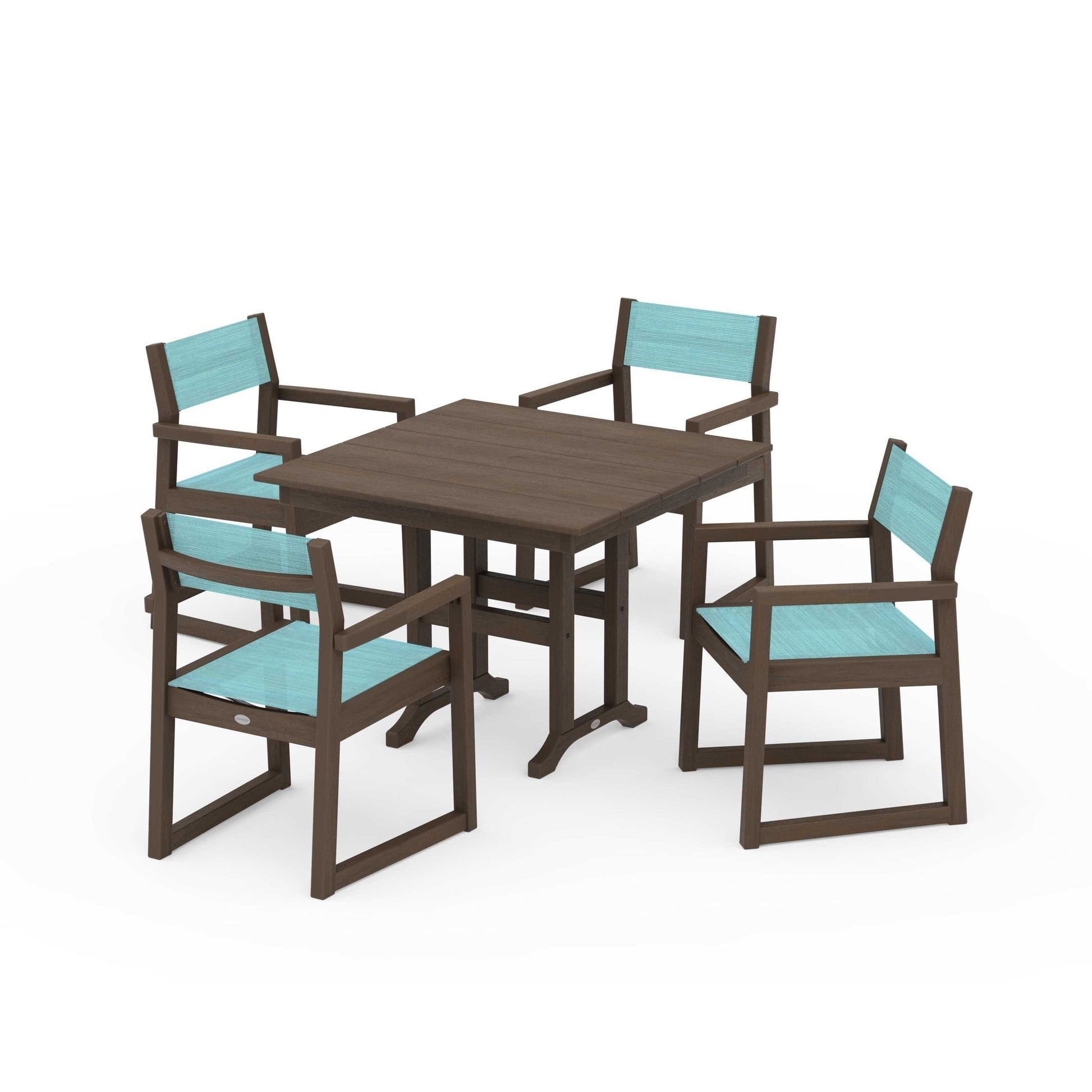 POLYWOOD EDGE Sling Arm Chair 5-Piece Farmhouse Dining Set — Kona / Dupioni Aquamarine Sling