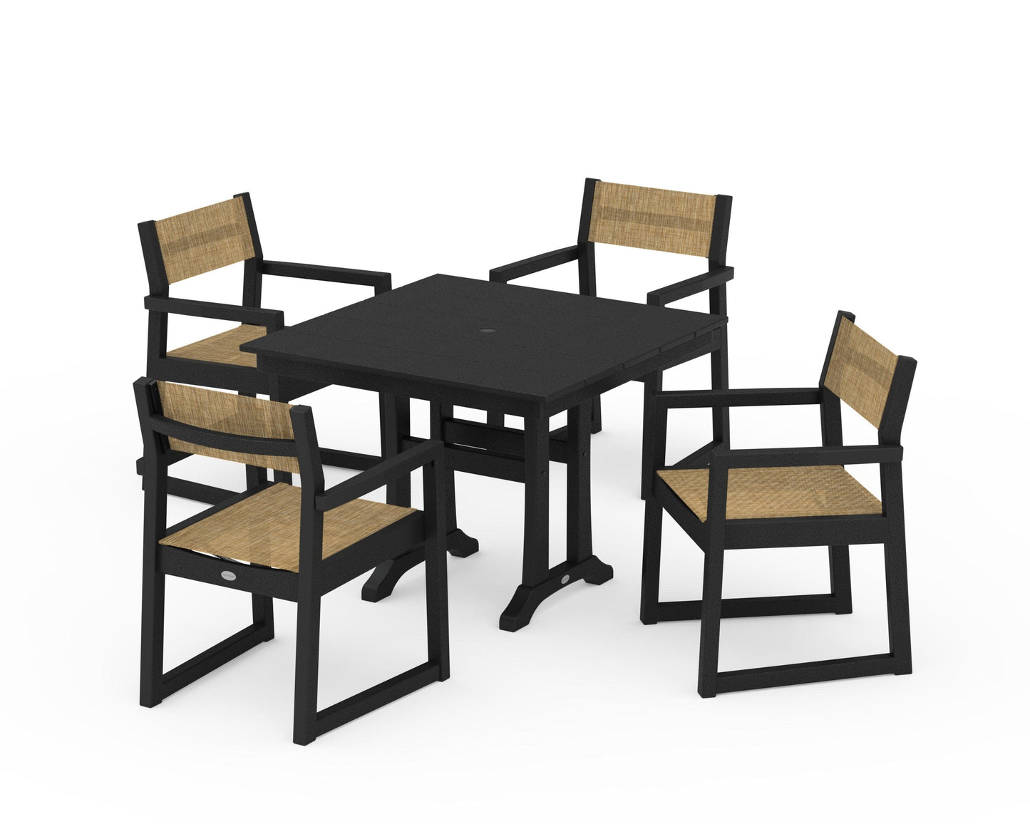 POLYWOOD EDGE Sling 5-Piece Farmhouse Dining Set with Trestle Legs — Black / Burlap Sling