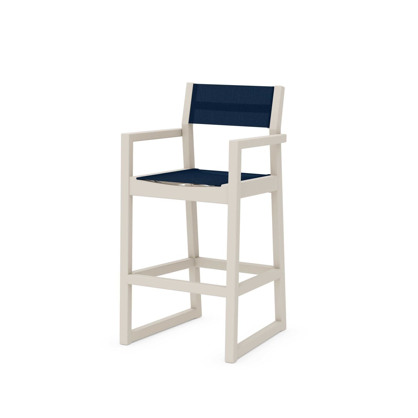 POLYWOOD EDGE Sling Bar Arm Chair — Sand / Navy Blue Sling