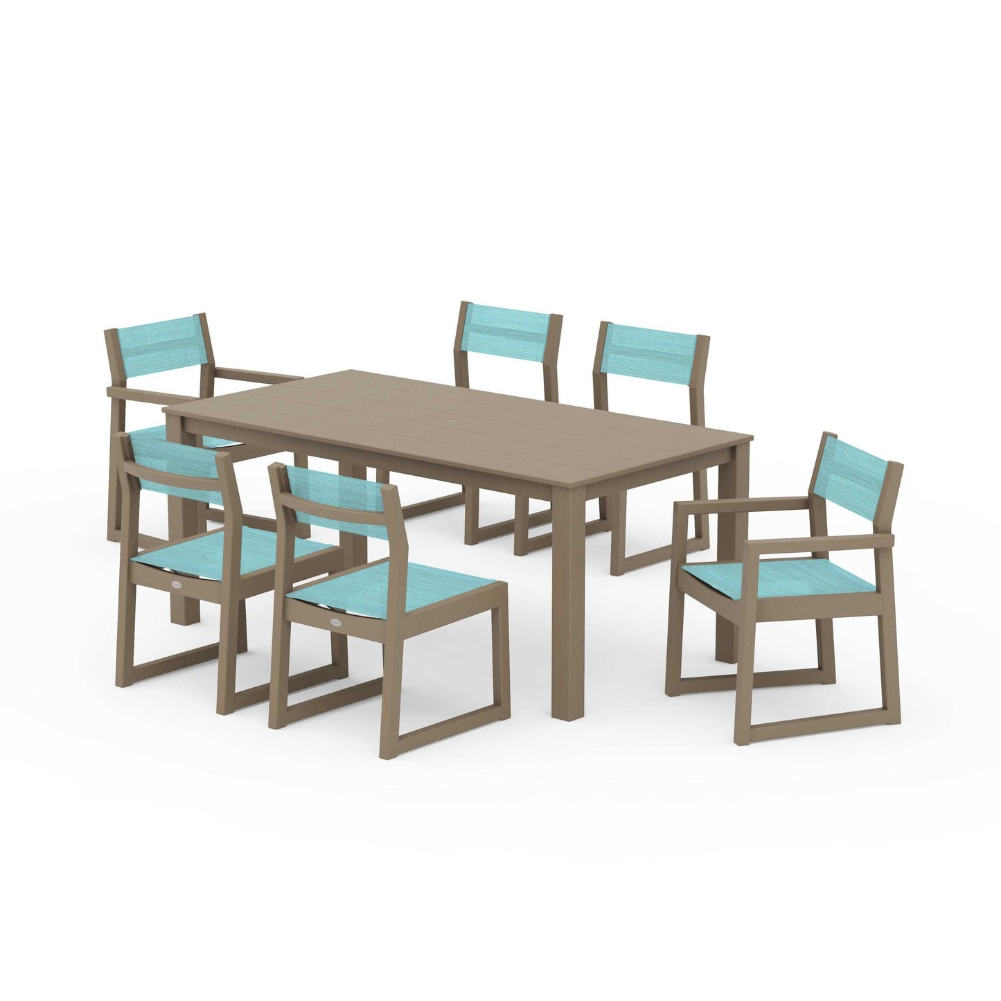 POLYWOOD EDGE Sling 7-Piece Parsons Dining Set — Vintage Sahara / Dupioni Aquamarine Sling