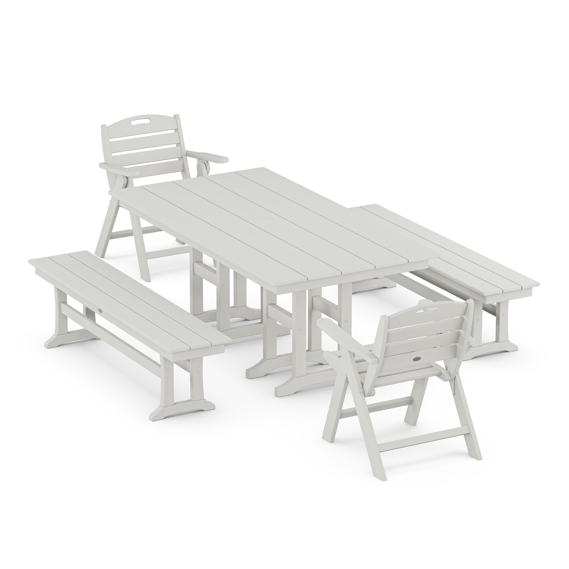 POLYWOOD Nautical Lowback 5-Piece Farmhouse Dining Set with Benches — Vintage White