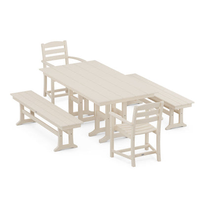 Polywood - La Casa Café 5-Piece Farmhouse Dining Set with Benches - FREE SHIPPING