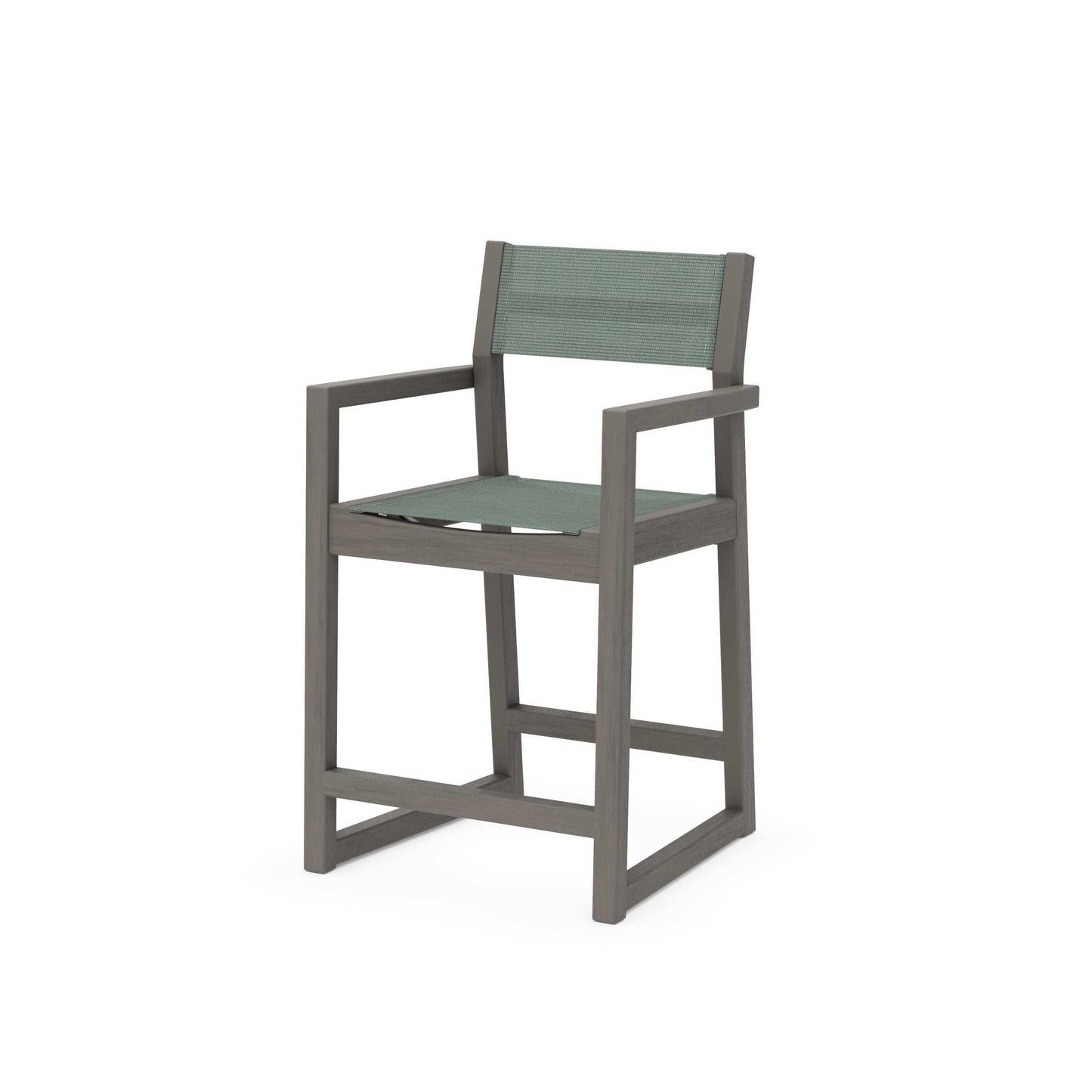 POLYWOOD EDGE Sling Counter Arm Chair — Driftwood / Dupioni Sea Mist Sling