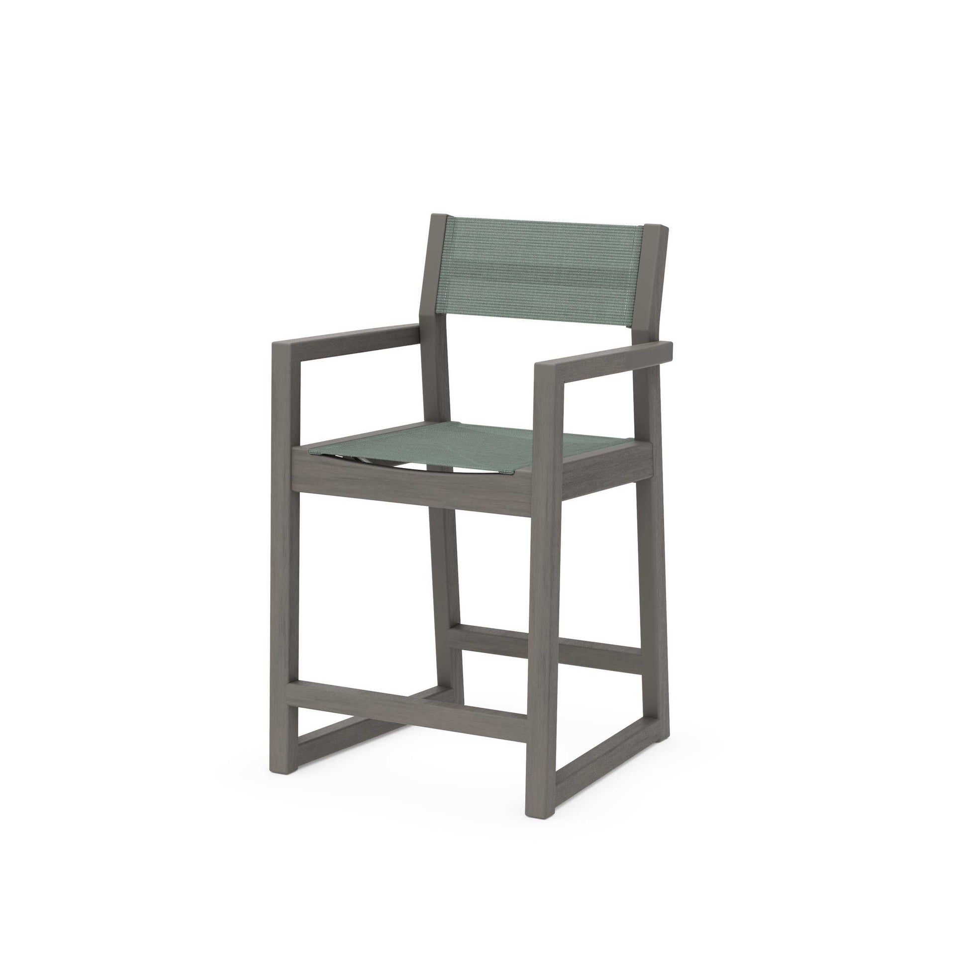 POLYWOOD EDGE Sling Counter Arm Chair — Driftwood / Dupioni Sea Mist Sling