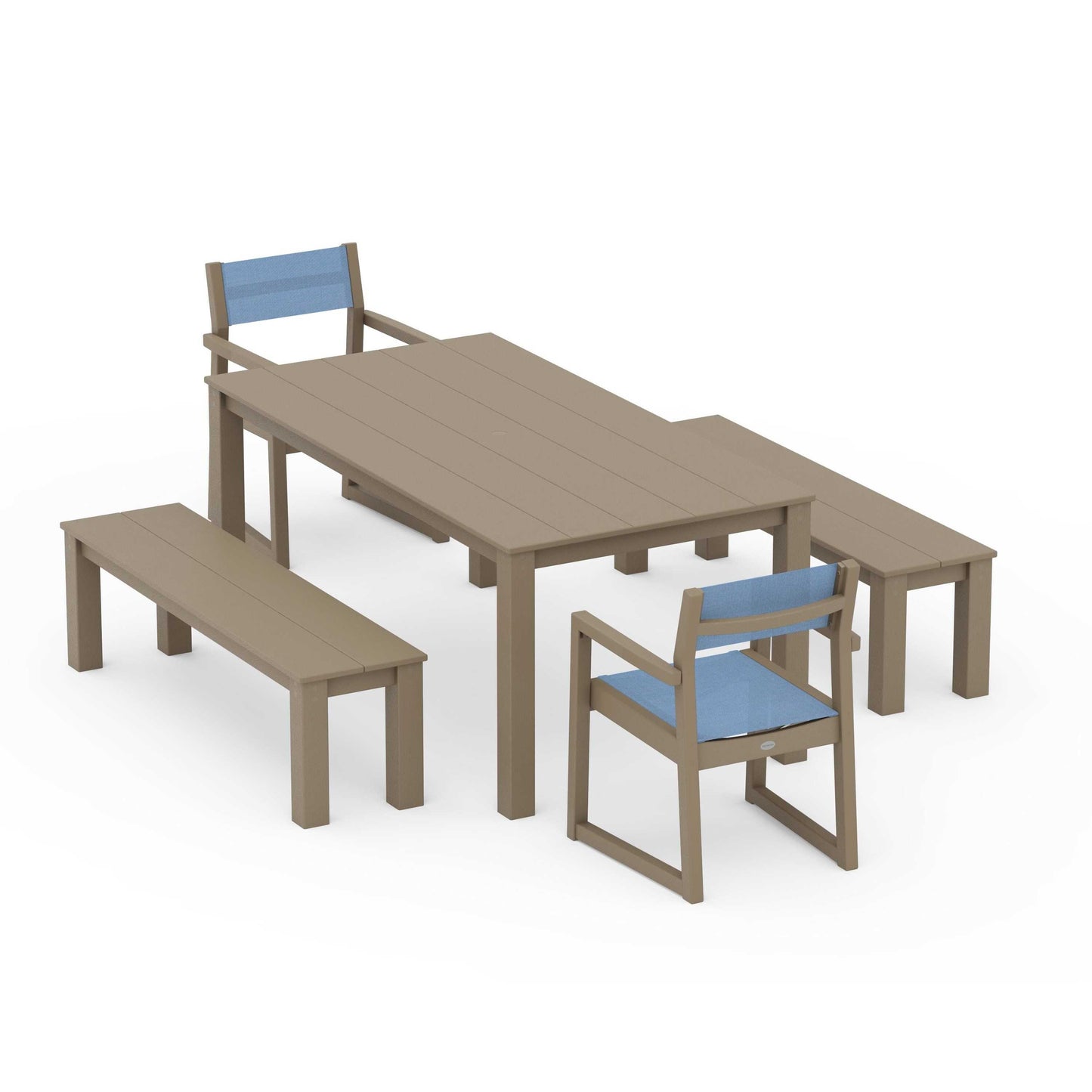POLYWOOD EDGE Sling Arm Chair 5-Piece Parsons Dining Set with Benches — Vintage Sahara / Poolside Sling