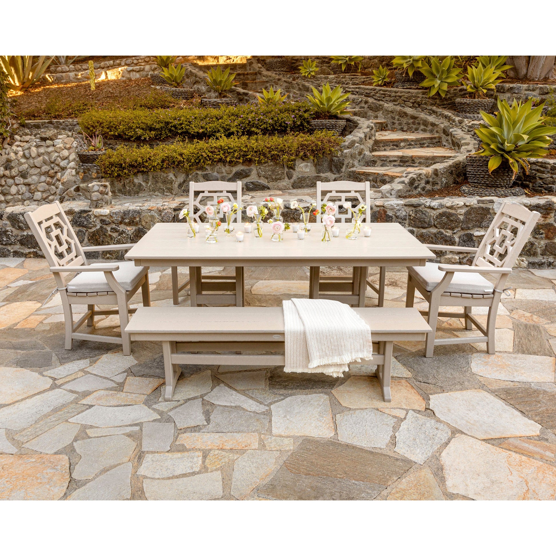 POLYWOOD Chinoiserie 6-Piece Farmhouse Dining Set with Bench