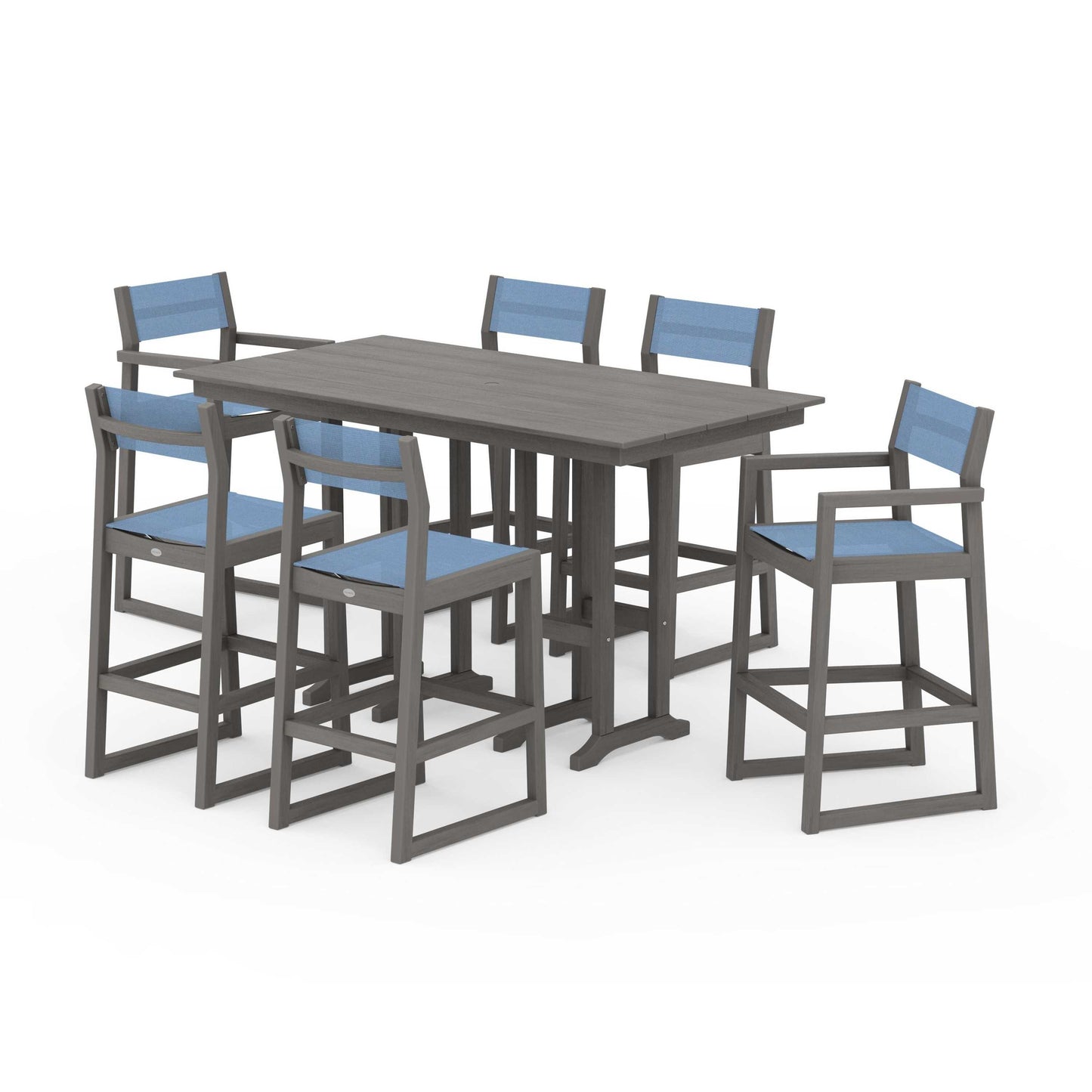 POLYWOOD EDGE Sling 7-Piece Farmhouse Bar Set — Driftwood / Poolside Sling