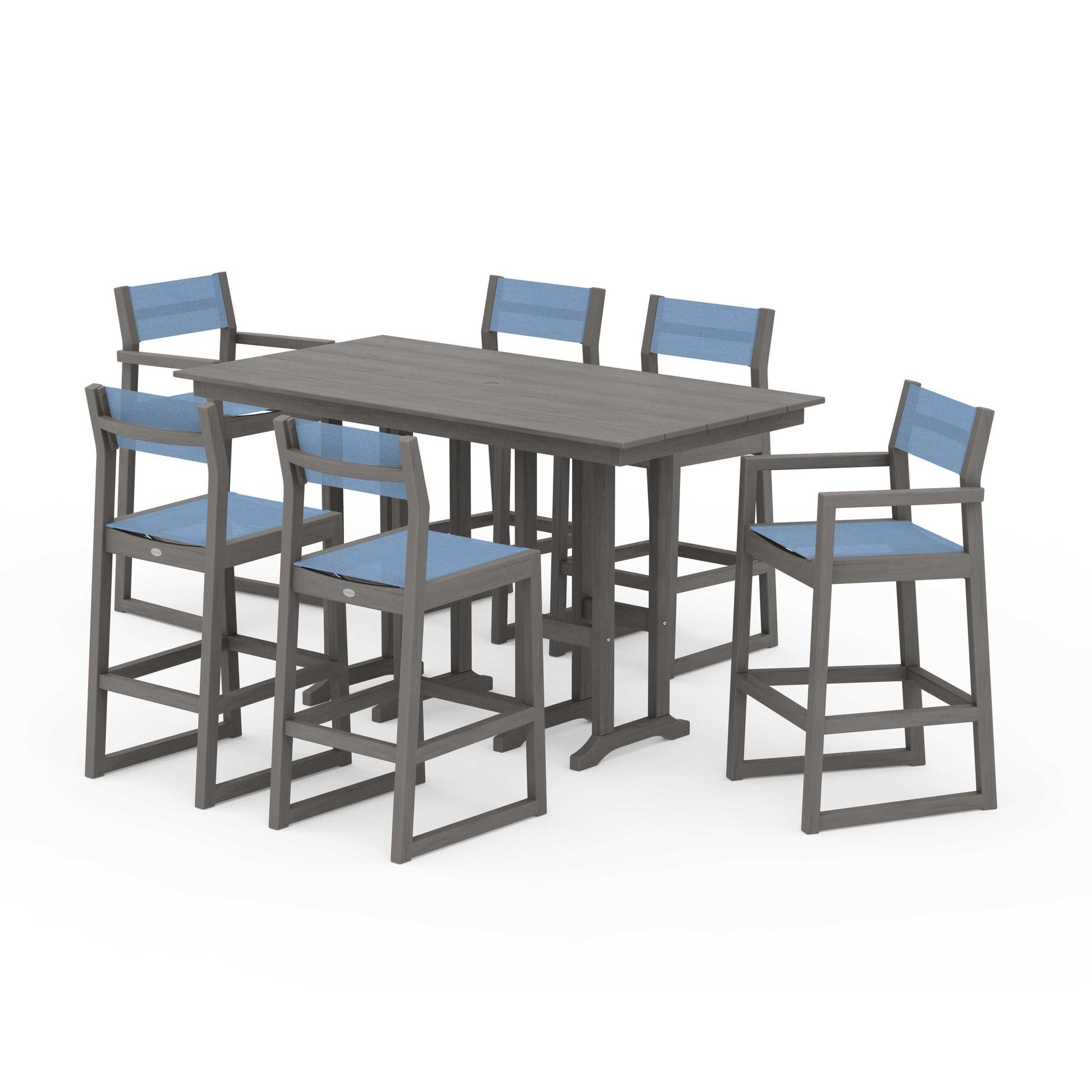 POLYWOOD EDGE Sling 7-Piece Farmhouse Bar Set — Driftwood / Poolside Sling