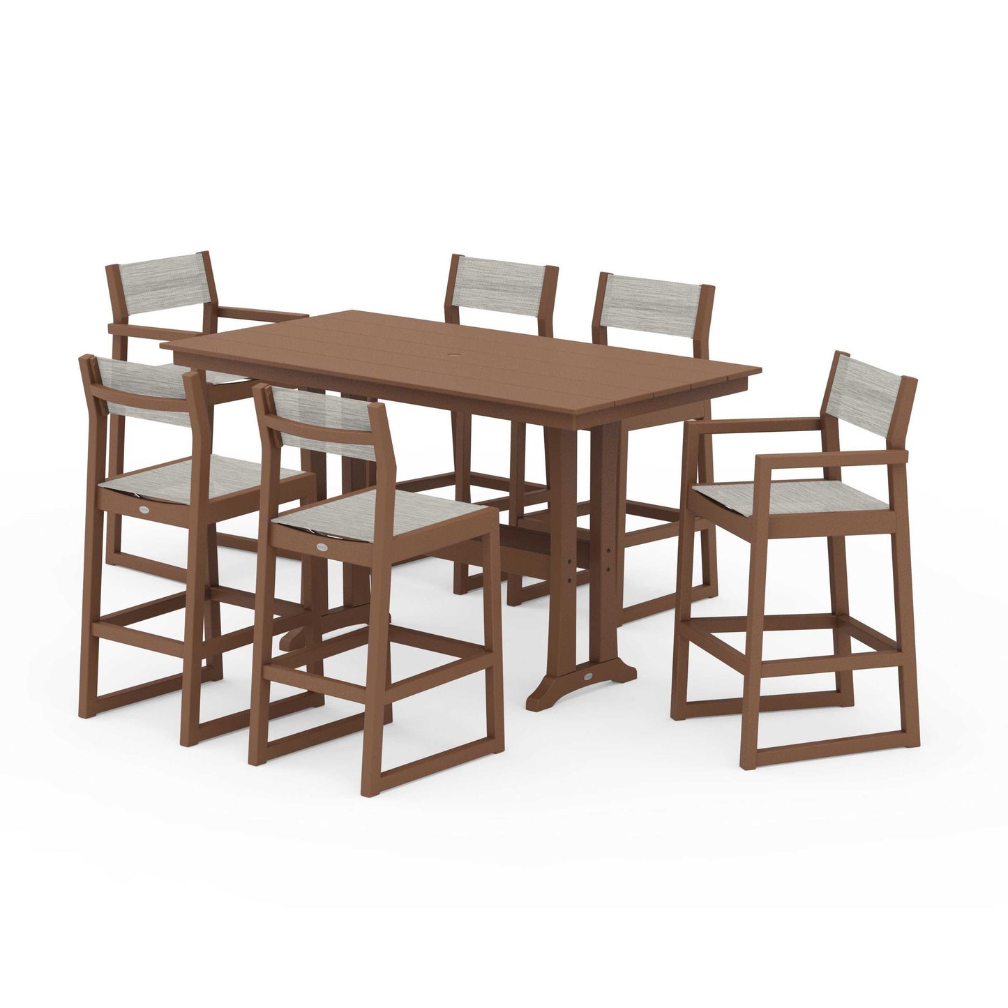 POLYWOOD EDGE Sling 7-Piece Farmhouse Bar Set with Trestle Legs — Teak / Birch Sling
