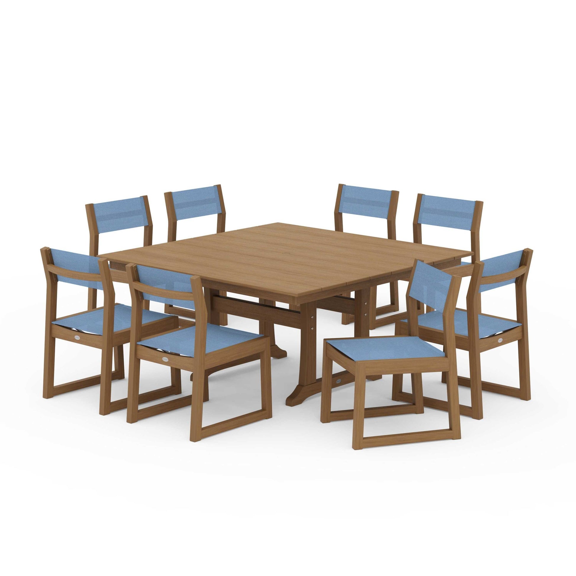 POLYWOOD EDGE Sling Side Chair 9-Piece Farmhouse Trestle Dining Set — Natural / Poolside Sling