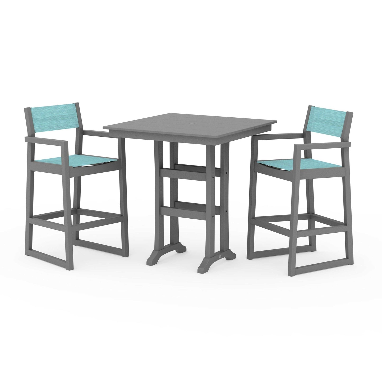 POLYWOOD EDGE Sling Arm Chair 3-Piece Farmhouse Bar Set with Trestle Legs — Slate Grey / Dupioni Aquamarine Sling