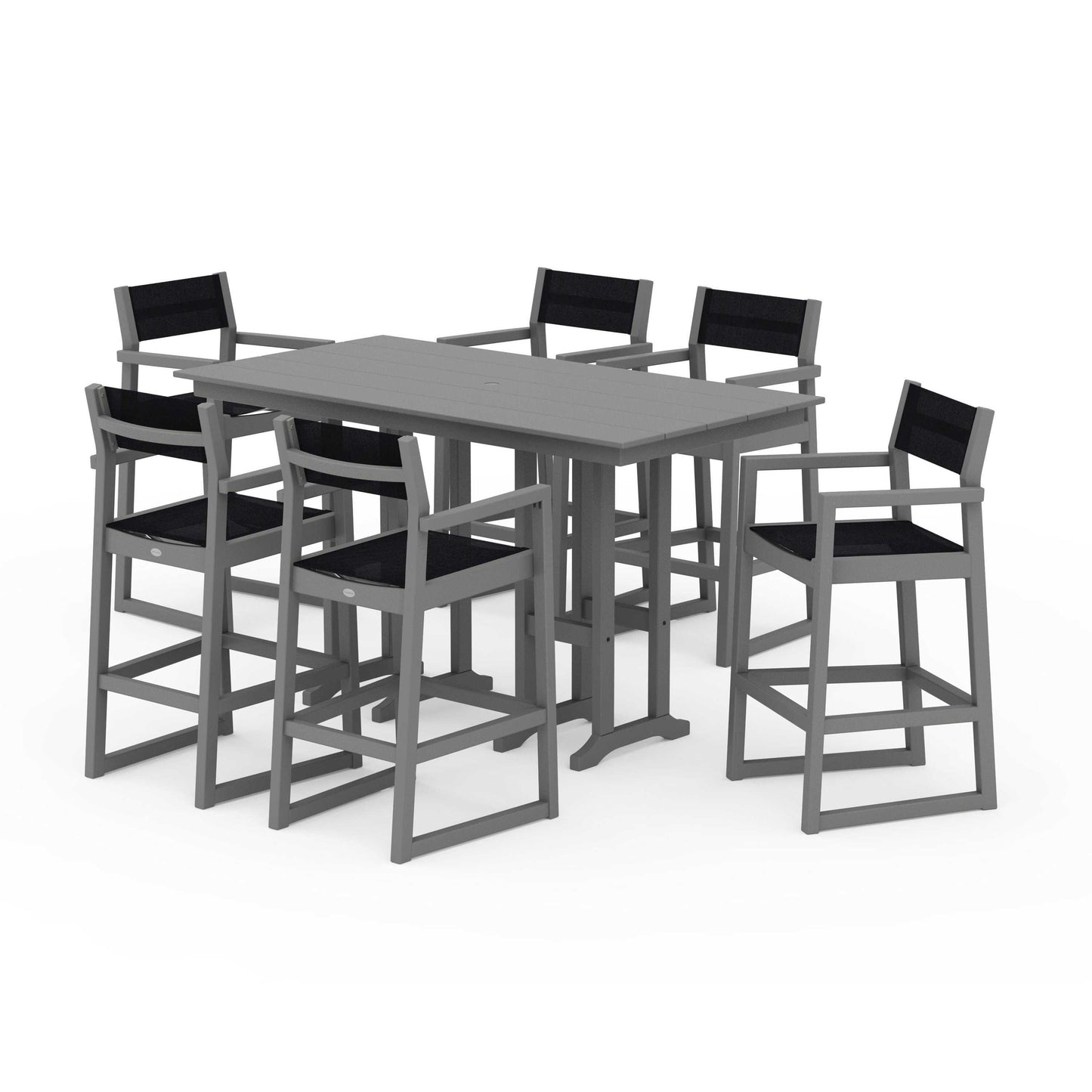 POLYWOOD EDGE Sling Arm Chair 7-Piece Farmhouse Bar Set — Slate Grey / Black Sling