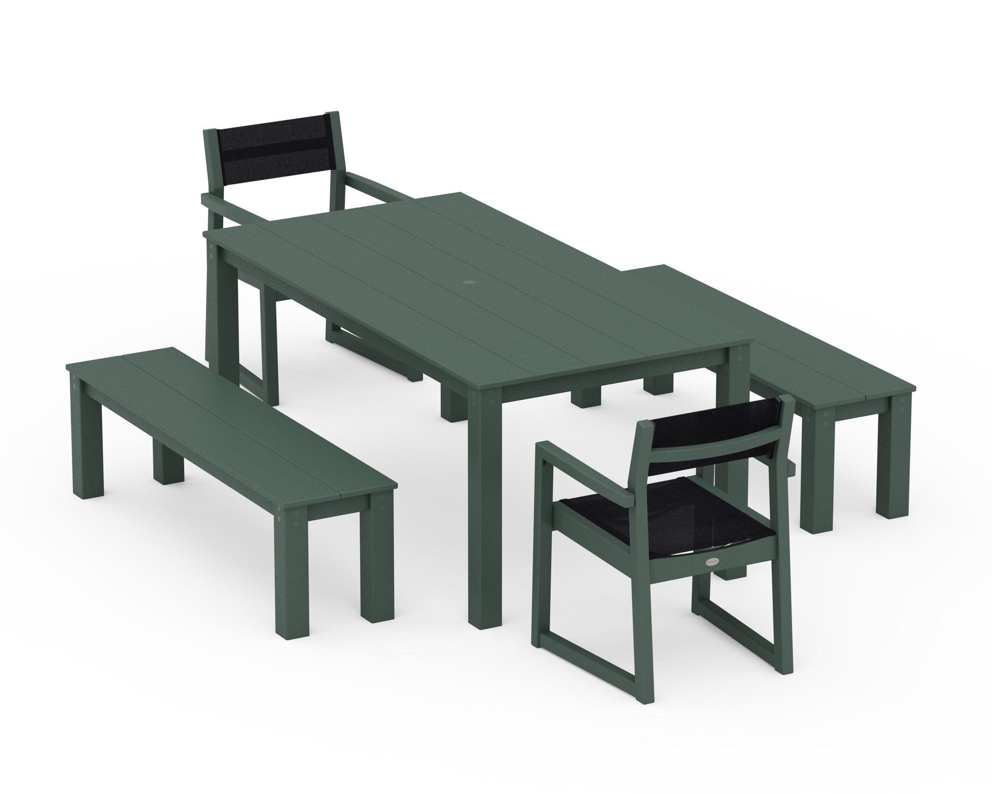 POLYWOOD EDGE Sling Arm Chair 5-Piece Parsons Dining Set with Benches — Green / Black Sling