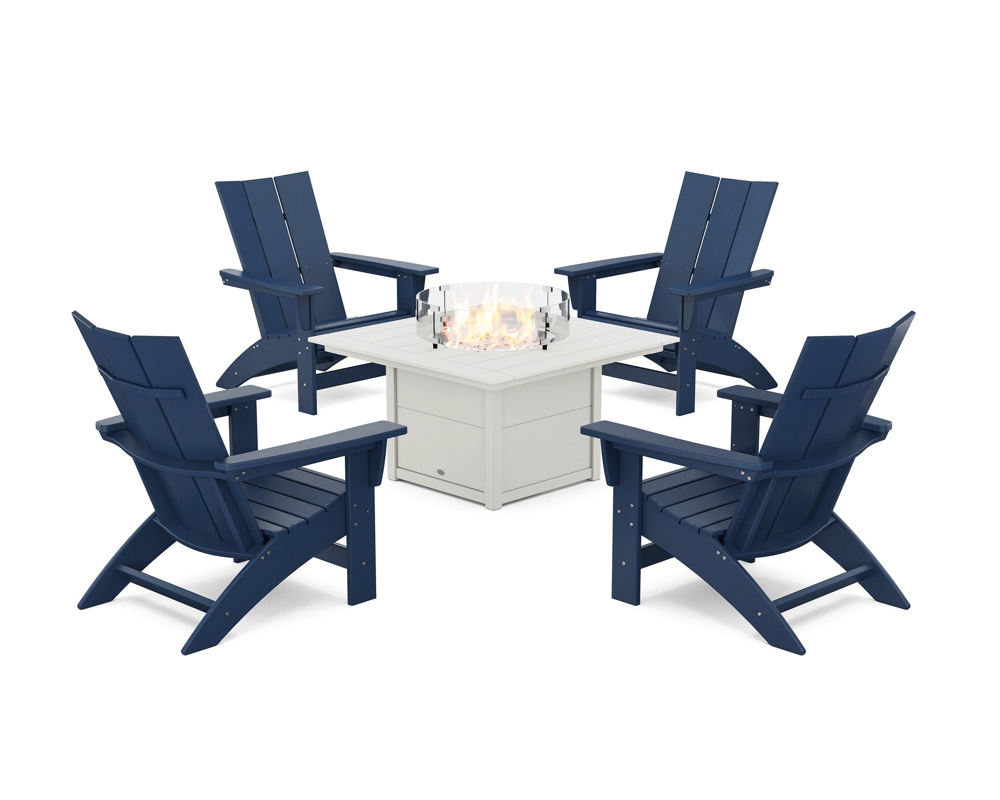 POLYWOOD 5-Piece Modern Grand Adirondack Conversation Set with Fire Pit Table — Navy / White