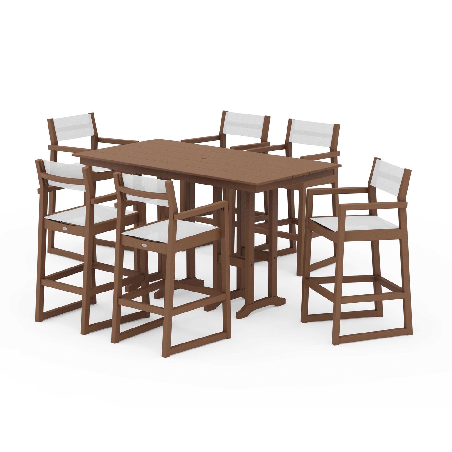 POLYWOOD EDGE Sling Arm Chair 7-Piece Farmhouse Bar Set — Teak / White Sling