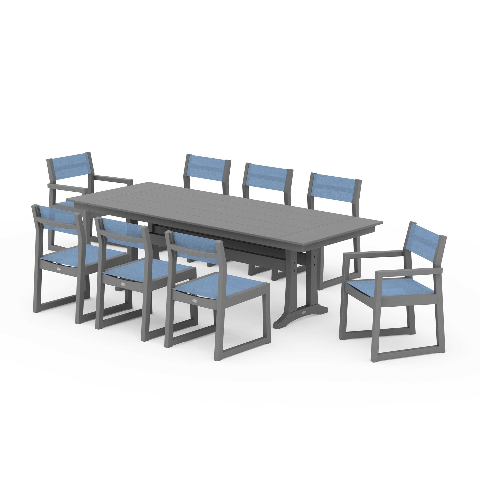 POLYWOOD EDGE Sling 9-Piece Farmhouse Trestle Dining Set — Slate Grey / Poolside Sling