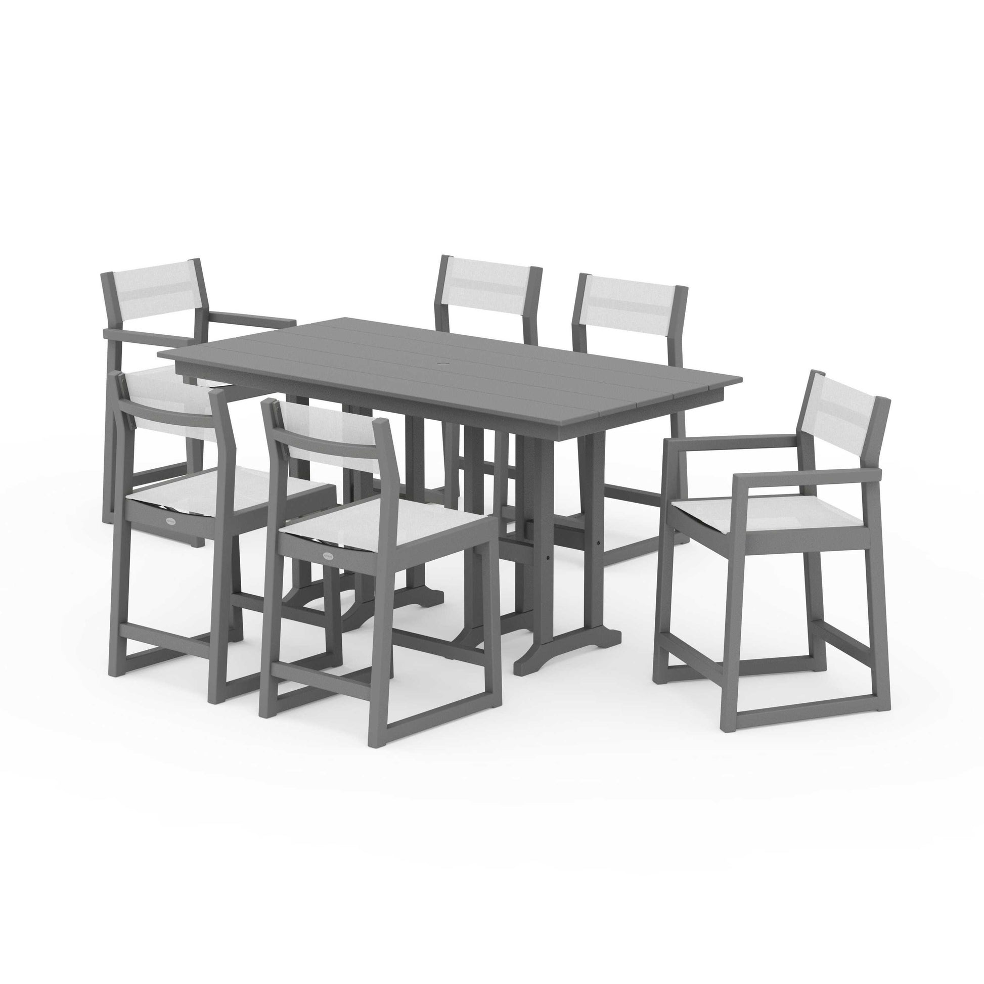 POLYWOOD EDGE Sling 7-Piece Farmhouse Counter Set with Trestle Legs — Slate Grey / White Sling