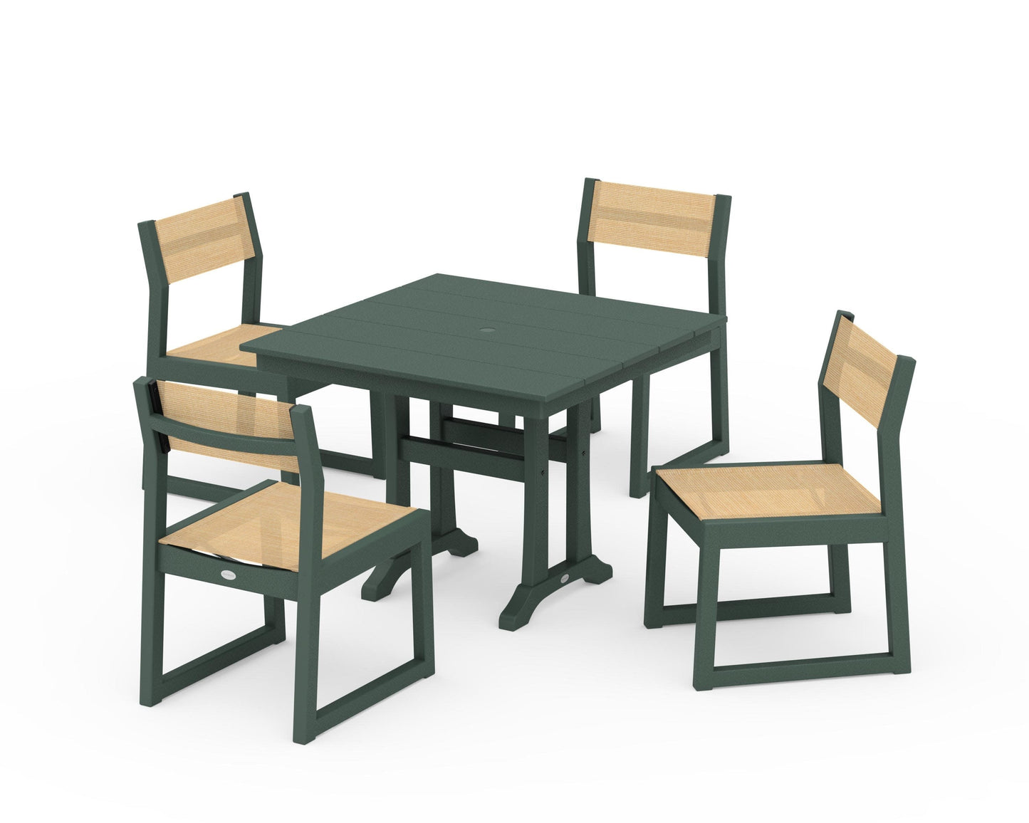 POLYWOOD EDGE Sling 5-Piece Farmhouse Trestle Side Chair Dining Set — Green / Dupioni Apricot Sling