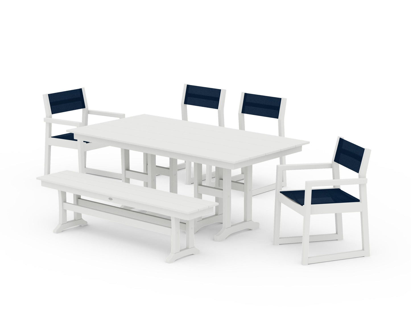 POLYWOOD EDGE Sling 6-Piece Farmhouse Dining Set — Vintage White / Navy Blue Sling