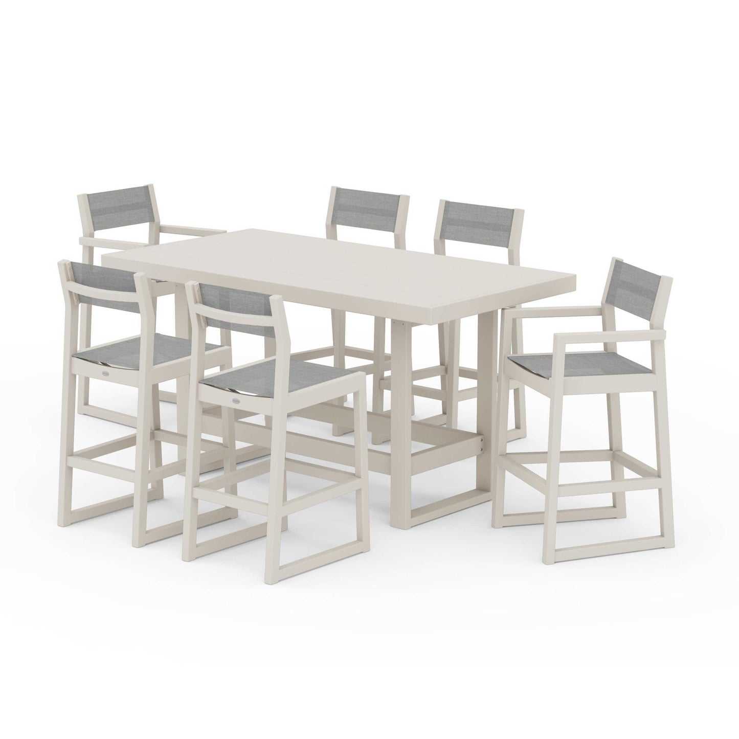 POLYWOOD EDGE Sling 7-Piece Bar Table Set — Sand / Metallic Sling