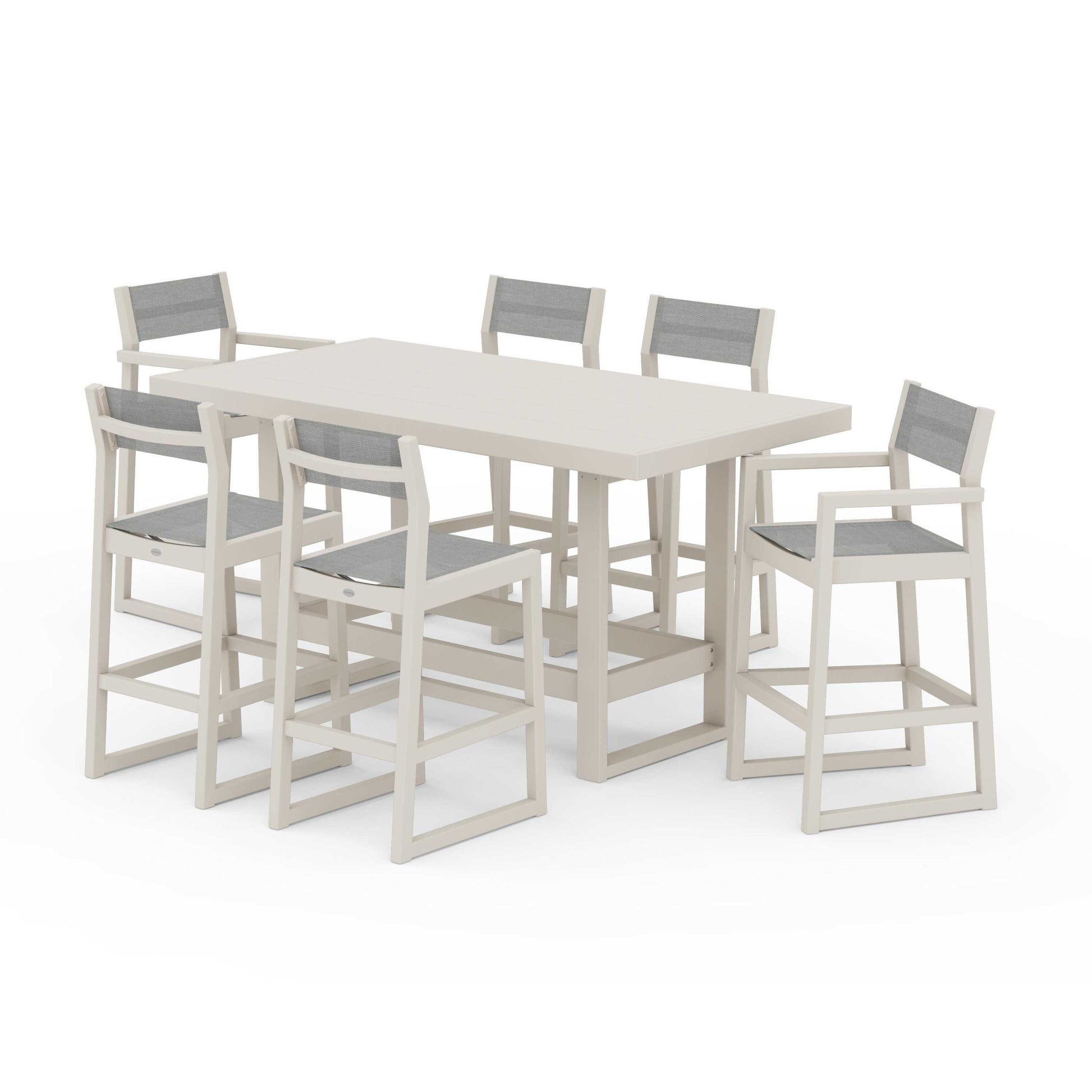 POLYWOOD EDGE Sling 7-Piece Bar Table Set — Sand / Metallic Sling