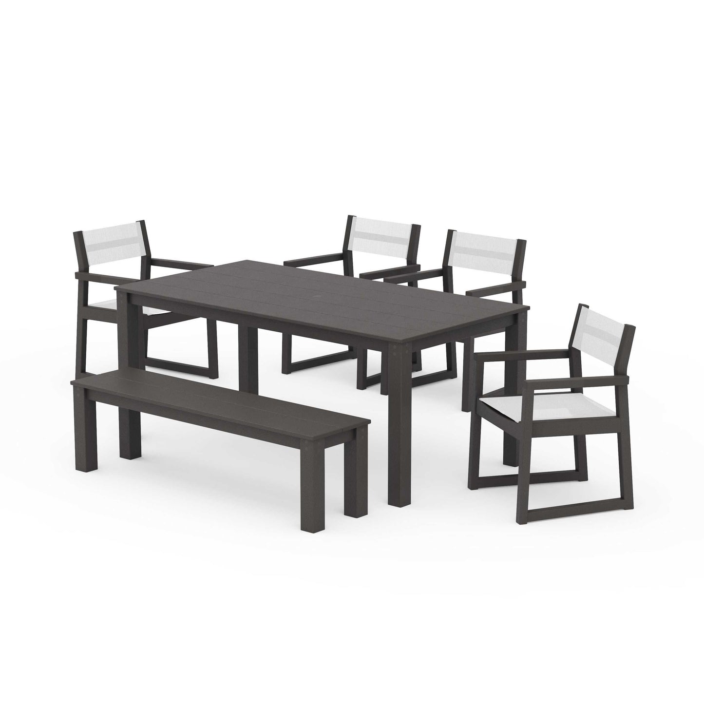 POLYWOOD EDGE Sling Arm Chair 6-Piece Parsons Dining Set with Bench — Vintage Coffee / White Sling