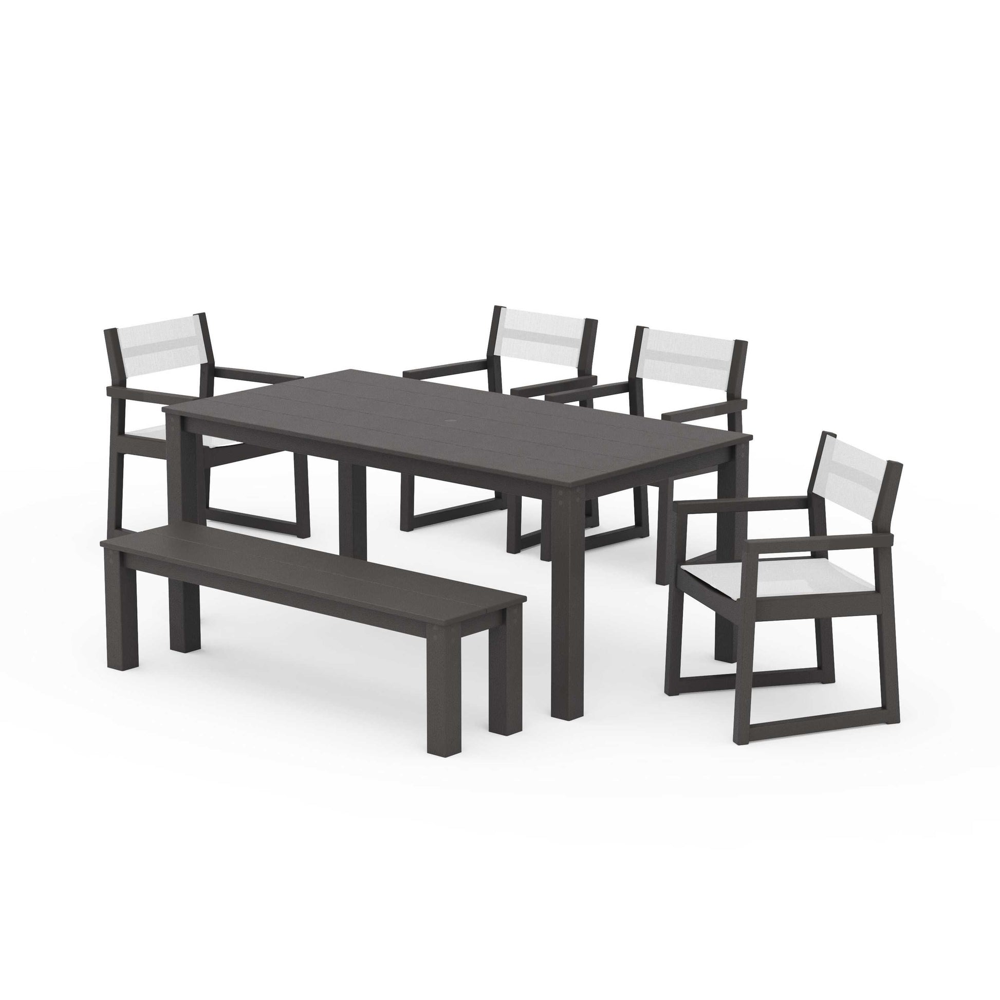 POLYWOOD EDGE Sling Arm Chair 6-Piece Parsons Dining Set with Bench — Vintage Coffee / White Sling
