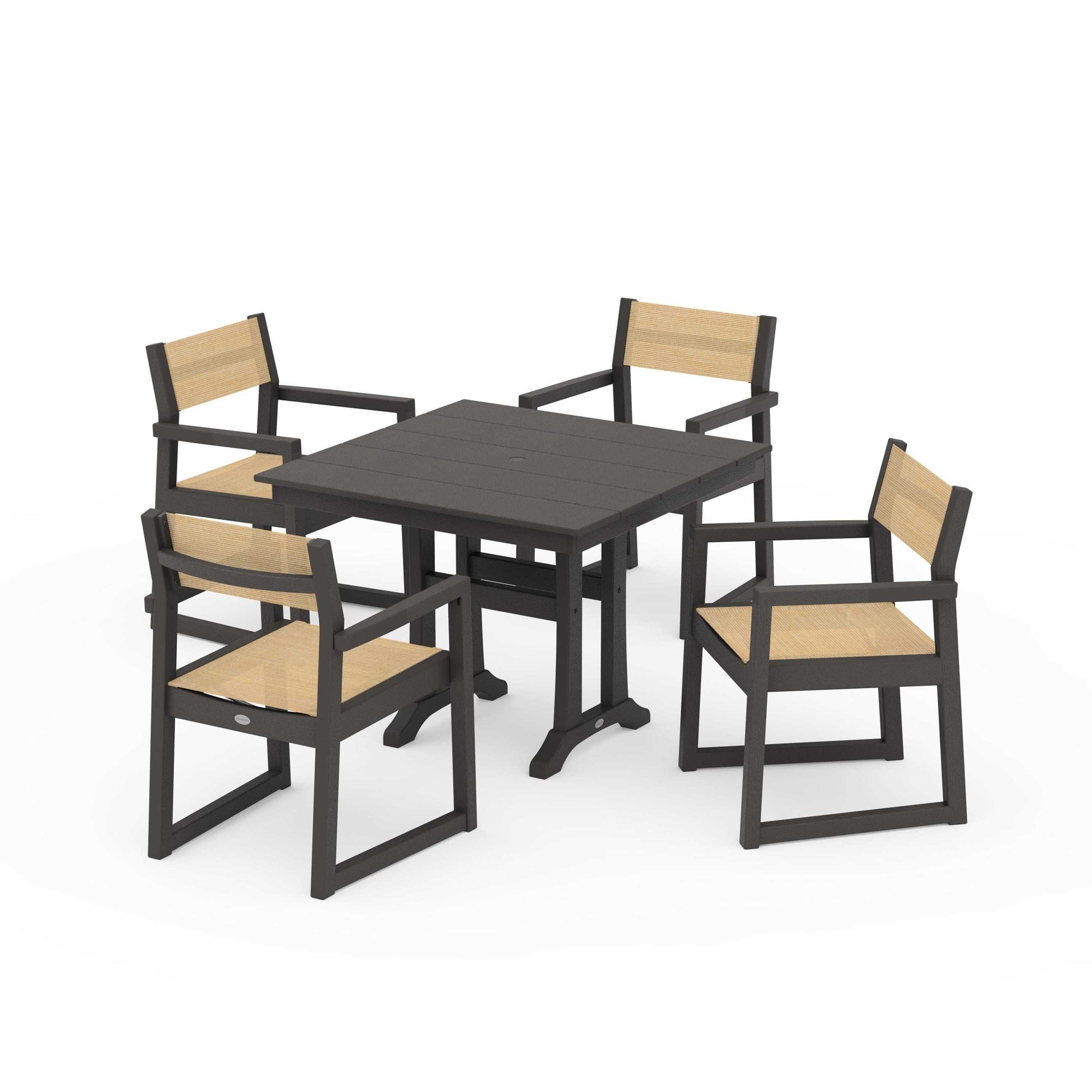 POLYWOOD EDGE Sling 5-Piece Farmhouse Dining Set with Trestle Legs — Vintage Coffee / Dupioni Apricot Sling
