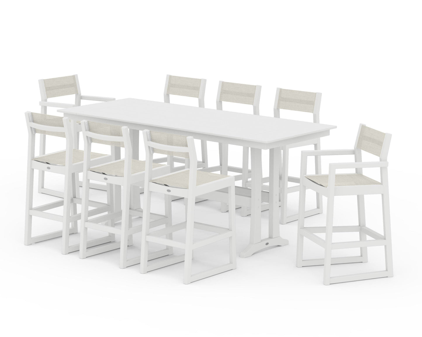 POLYWOOD EDGE Sling 9-Piece Farmhouse Bar Set with Trestle Legs — White / Parchment Sling