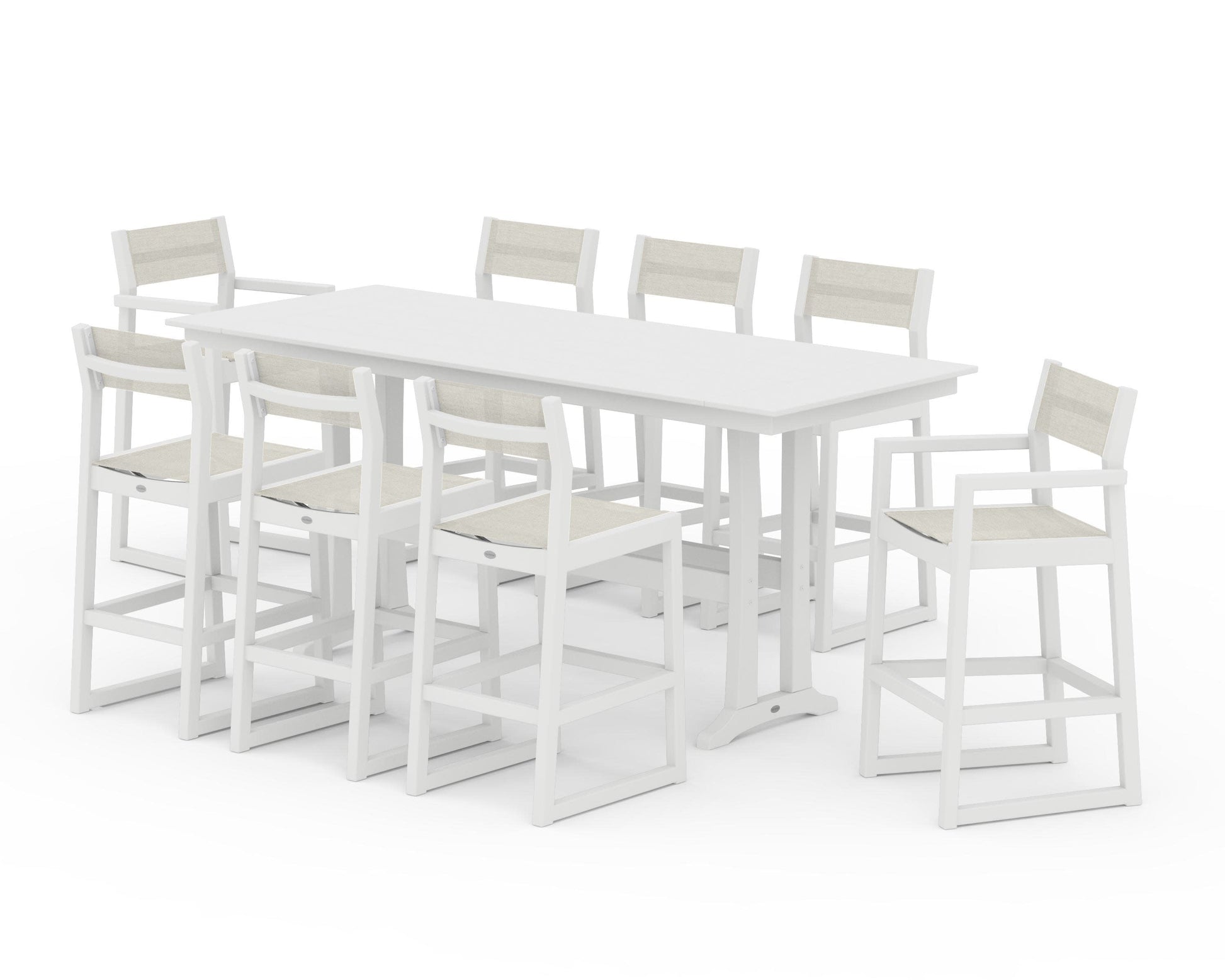 POLYWOOD EDGE Sling 9-Piece Farmhouse Bar Set with Trestle Legs — White / Parchment Sling