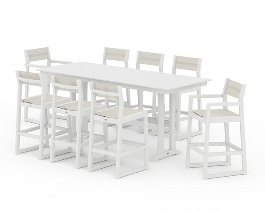 POLYWOOD EDGE Sling 9-Piece Farmhouse Bar Set with Trestle Legs — White / Parchment Sling