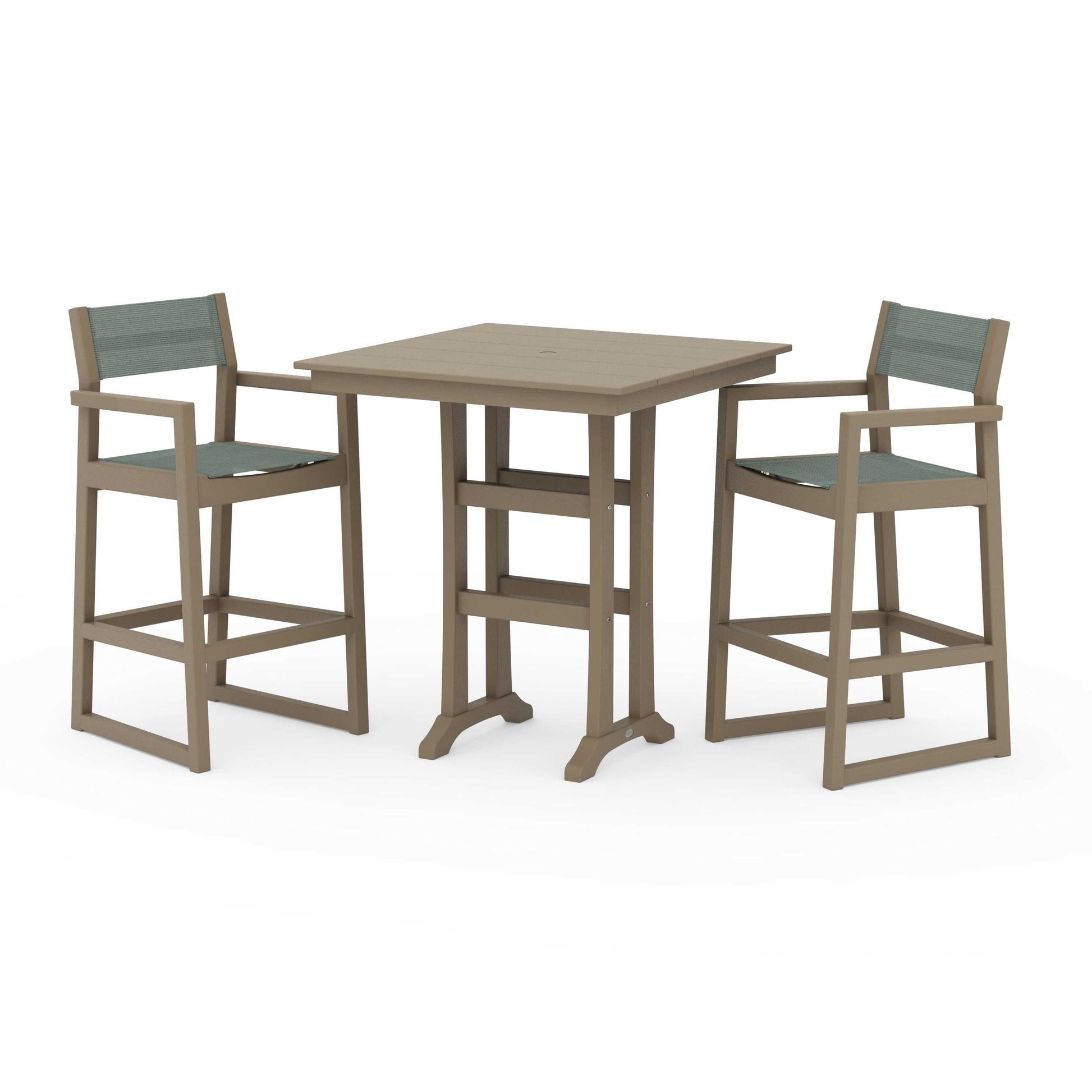 POLYWOOD EDGE Sling Arm Chair 3-Piece Farmhouse Bar Set with Trestle Legs — Vintage Sahara / Dupioni Sea Mist Sling
