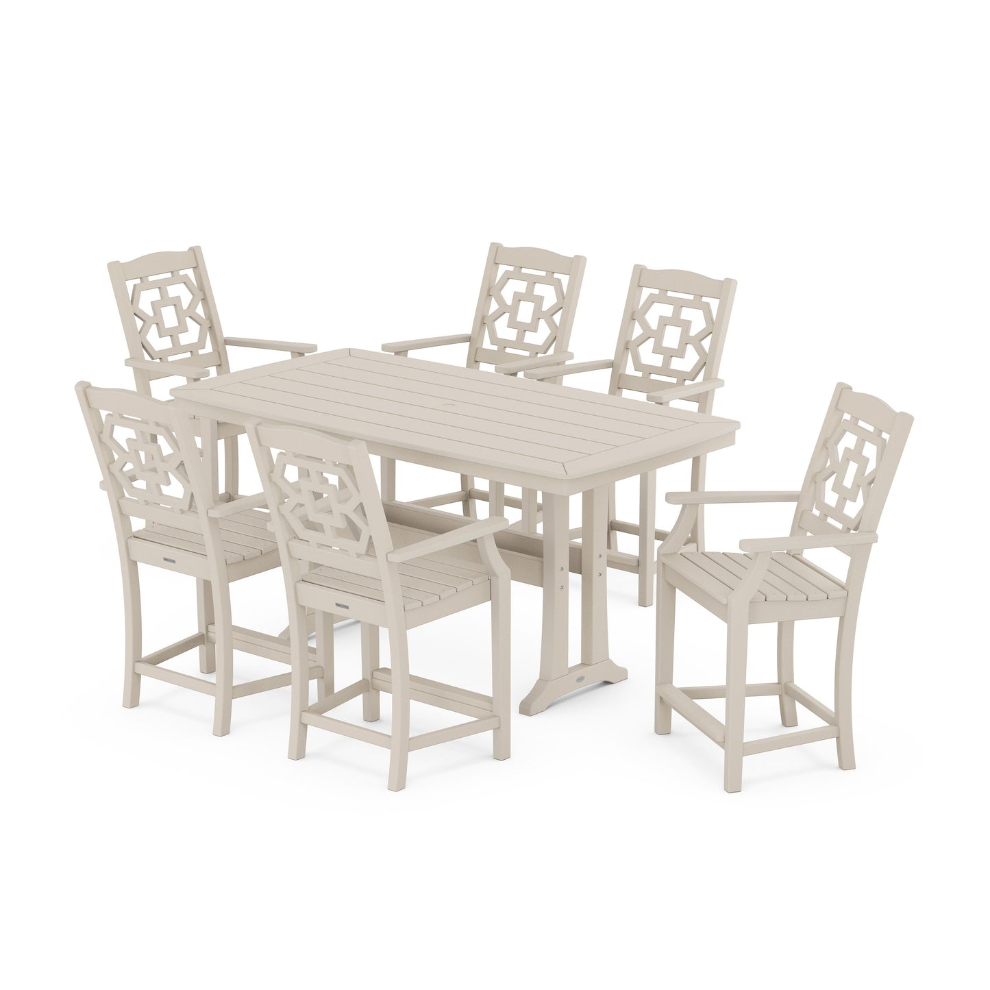 POLYWOOD Chinoiserie Arm Chair 7-Piece Counter Set with Trestle Legs — Sand